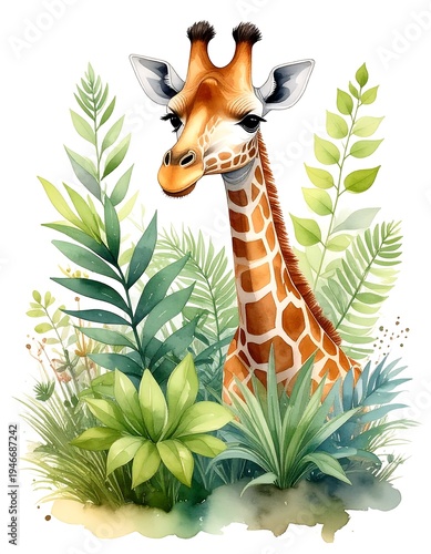 A whimsical watercolor giraffe peers from lush greenery. The vibrant illustration features detailed foliage, and a soft, artistic style