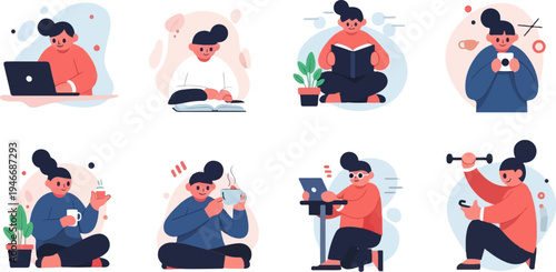 Diverse modern activities working, reading, exercising, and enjoying beverages