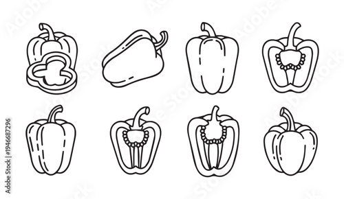 Bell Pepper Outline Icons Set Whole and Halved Vegetables Line Art