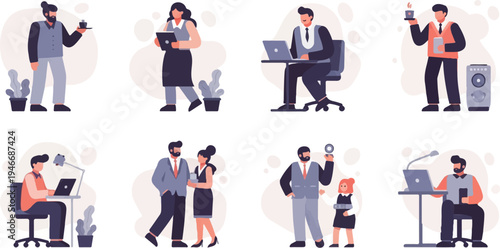 Diverse individuals engaged in office and professional activities