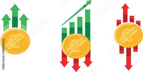 Euro Currency Value Growth, Volatility and Decline Finance Bar Chart Illustration Set
