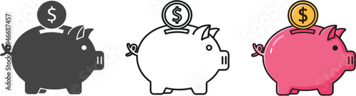 Piggy Bank Savings Icons Set with Coin in Solid Outline and Color Styles