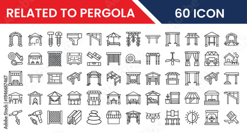 Collection of sixty icons related to pergola design and construction