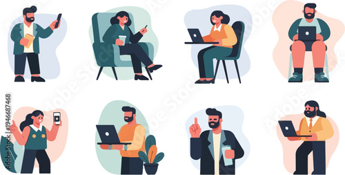 Diverse individuals engaged in various digital activities and work