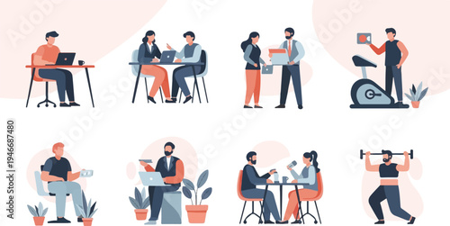 Diverse individuals engaged in work, fitness, and social activities