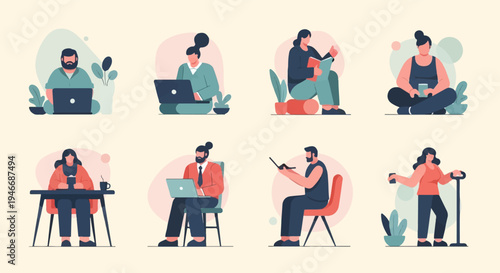 Diverse individuals engaged in digital activities and relaxation, surrounded by plants
