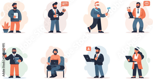 Diverse individuals engaged in various professional tasks using technology