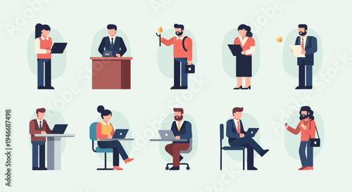 Diverse professionals in business attire engaged in work activities