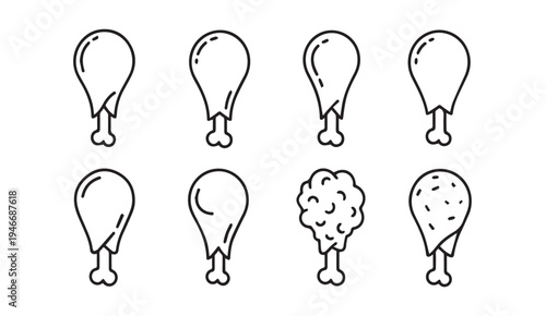 Chicken Leg Icons Set Simple Outline Food Graphics Vector Style