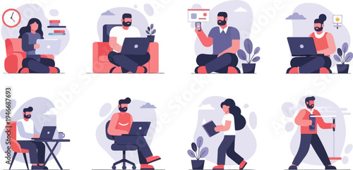 Diverse individuals engaged in various remote work activities, some with plants