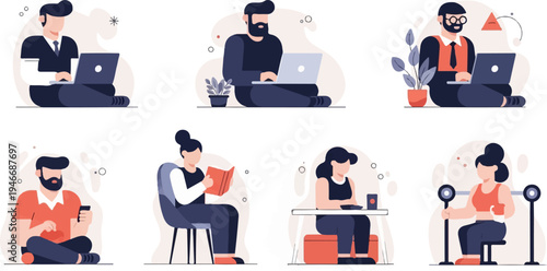 Diverse individuals engaged in leisure and work activities, some on laptops