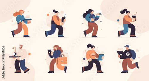 Diverse individuals in stylized, geometric, and pixelated animation, engaged in various tasks