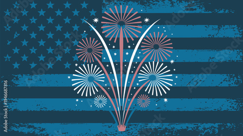 A vibrant illustration of fireworks exploding in red, white, and blue against a distressed American flag background.