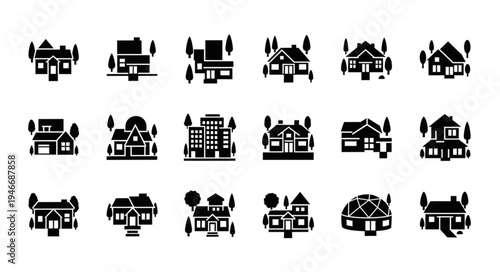 Diverse House Icons - Silhouette Collection of Residential Buildings.