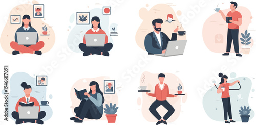 Diverse individuals engaging in various remote work and leisure activities at home