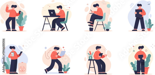 Diverse individuals engaged in various digital tasks and daily activities