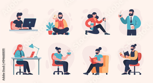 Diverse individuals engaged in various daily activities like working and relaxing