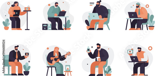 Diverse individuals engaged in various activities, including work, music, and technology