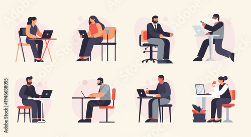 Diverse individuals working on laptops in a minimalist, flat illustration style