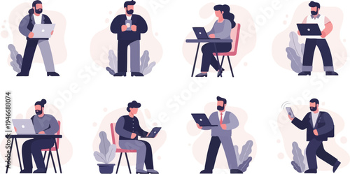 Diverse individuals engaged in digital tasks, working and communicating remotely