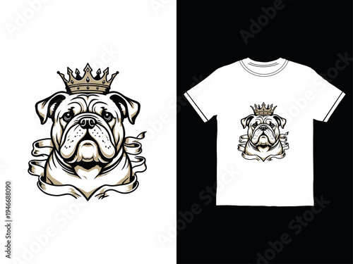 A black and white image of a t-shirt with a bulldog wearing a crown