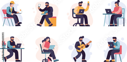 Diverse individuals engaged in various activities like work, music, and self-reflection