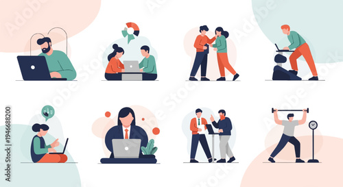 Diverse modern professionals engaged in work, discussion, and fitness activities