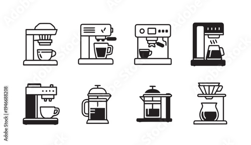 Coffee Maker Icons Set: Espresso Drip French Press Pour OverLine Art