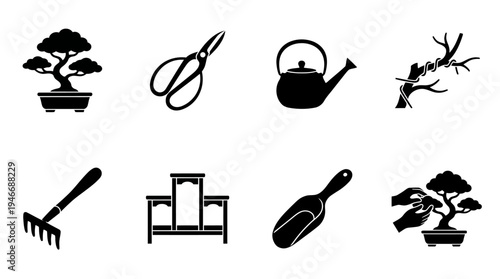 Bonsai Icons Vector – Tree Cultivation, Gardening Tools, Pruning, Care Graphic