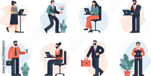 Diverse office workers engage in various tasks and hold business items