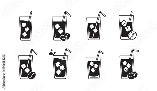 Cold Brew Coffee Glasses with Straws and Ice Cubes Coffee Beans Icon Set