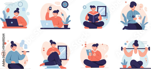 Flat illustration of people engaging in various activities like working, reading, and exercising