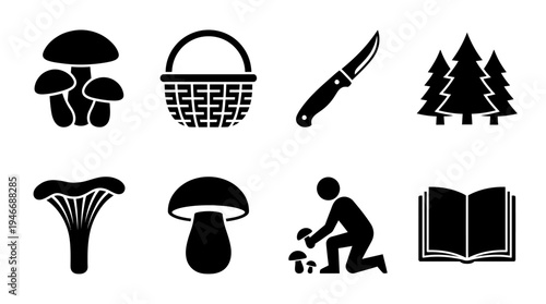 Mushroom Foraging Icons Vector – Forest Collection, Identification, Tools, Nature Graphic