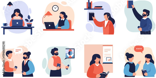 Flat illustrations depict people working, reading, and conversing