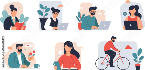 Diverse people engaged in various activities like reading, working, and cycling outdoors