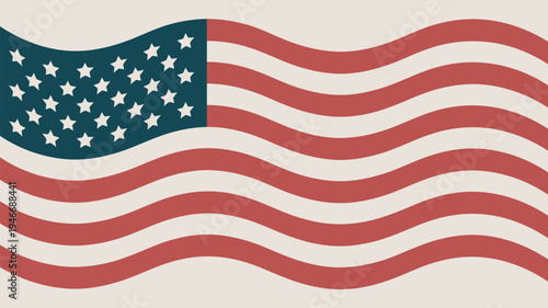 The American flag waving gently in the wind with its iconic red and white stripes and blue rectangle of white stars.