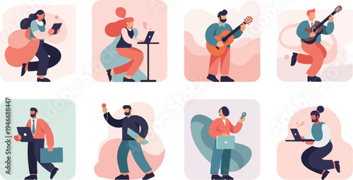 Diverse people engaged in various activities with technology and musical instruments