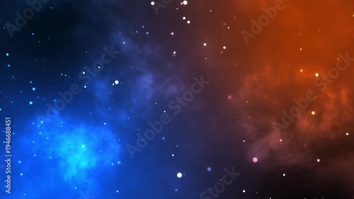 Blue and orange cosmic particle loop animation background with glowing dust clouds and floating light orbs perfect for sci fi themes