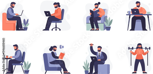 Diverse people engaged in various daily activities including work, reading, and exercise