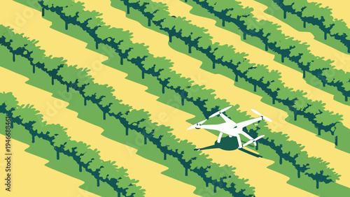 Agricultural drone illustration flying over green crop rows in a field for smart farming technology and precision agriculture in isometric vector style.