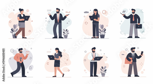 Diverse professionals in abstract settings with tech and business themes