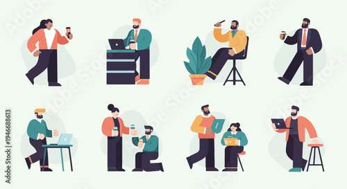 Flat design illustrations of diverse people working and taking breaks