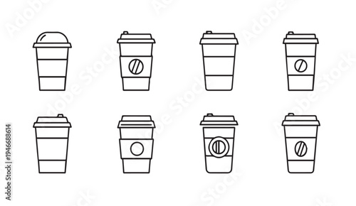 Collection of coffee cups outline icons on white background simple vector illustrations