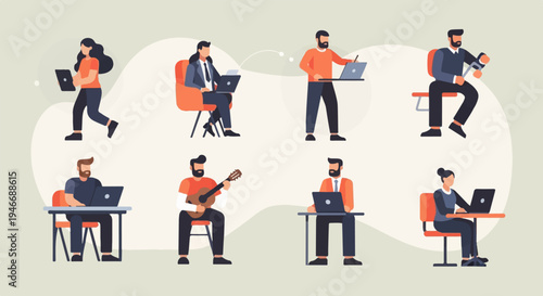 Flat design people working, playing guitar and walking with laptops