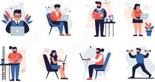 Diverse people engaged in work, reading, and exercise activities