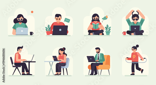 Flat vector illustrations depict people working, reading, and exercising