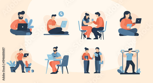 Diverse people engaging in various activities like working, exercising, and collaborating