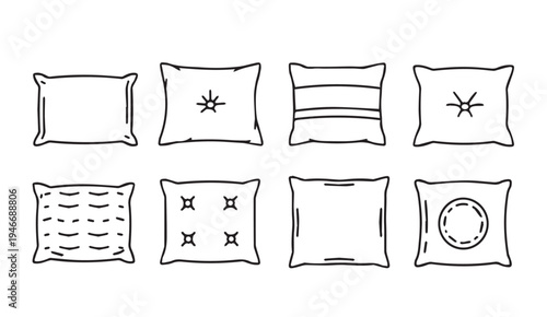 Collection of hand-drawn pillow illustrations with various patterns and designs isolated on white background