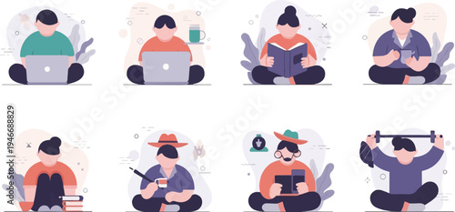 Stylized figures engaged in various leisure activities, including technology and fitness