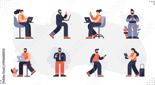 Diverse individuals engaged in digital activities, from laptops to phones